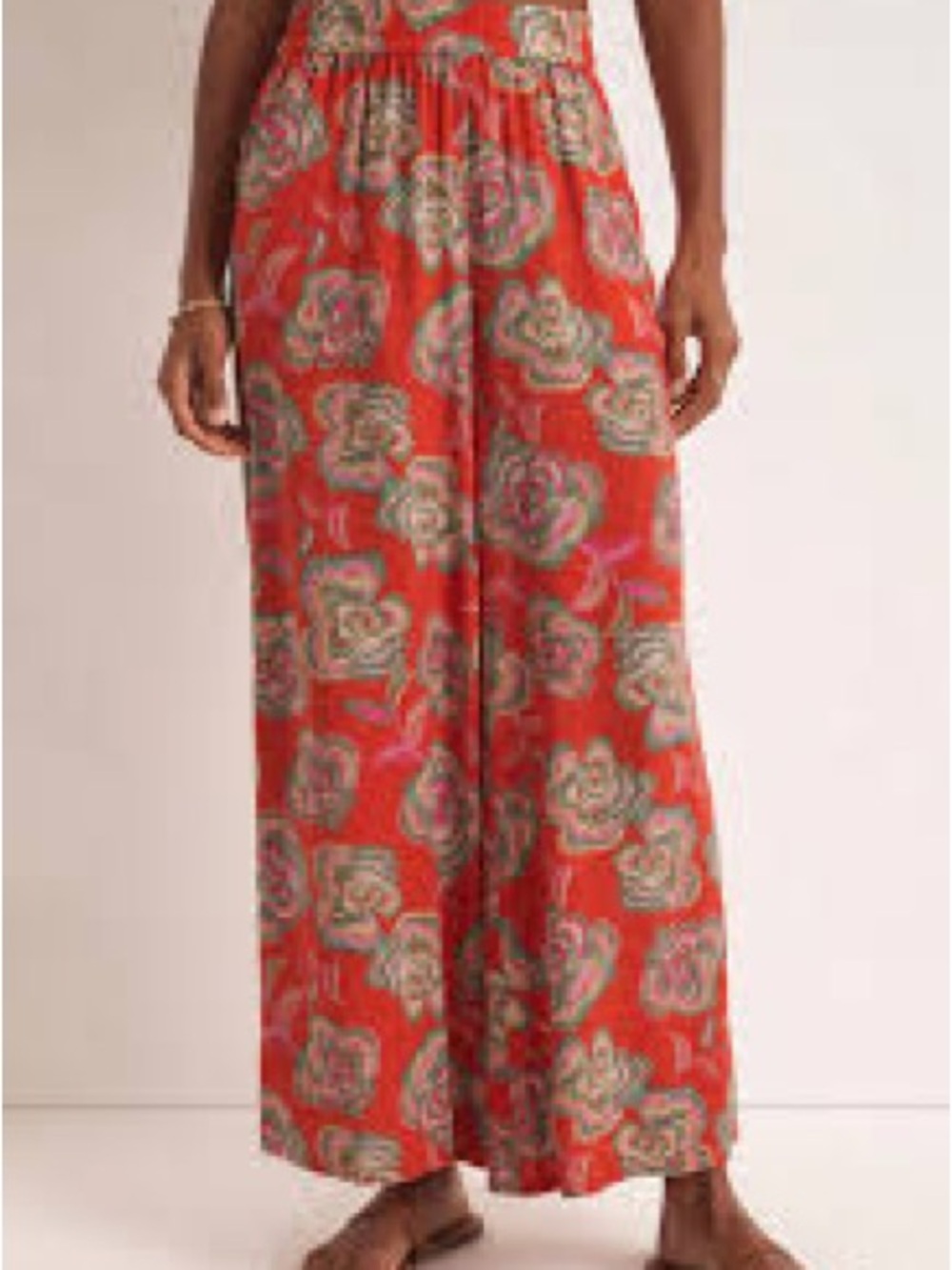 Z Supply Coral Orange Floral Wide-Leg Pants with Multicolor Blooms